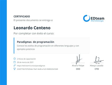 Certificado de Leonardo Centeno del curso Paradigmas de programación