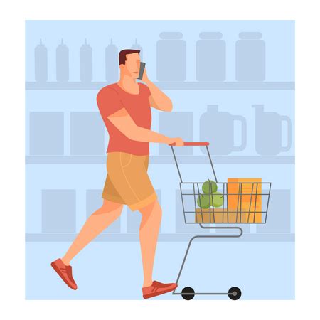 Best Premium Man Walking With Shopping Cart In Supermarket Illustration