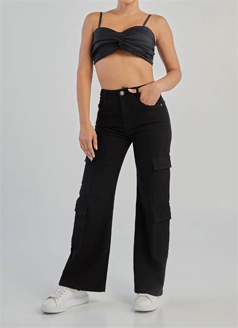 Momfit Semi Flare Cargo Negro Ref Belo Xlive Jeans