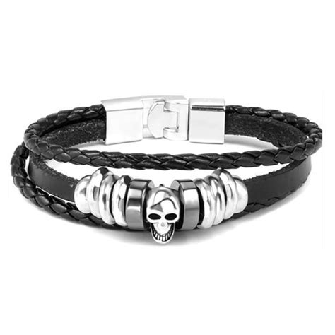 Bracelet Homme Cr Ne En Cuir Tress Noir Et Acier Inoxydable Blue