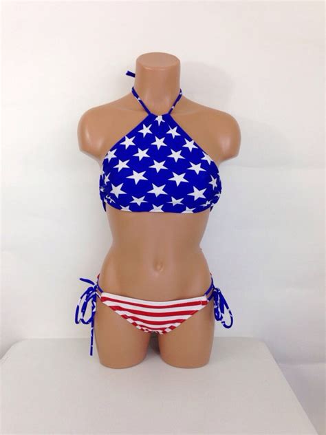 Women S American Flag Bikini USA Flag Halter Swimsuit Cheeky Bathing Suit Scrunch Butt Etsy