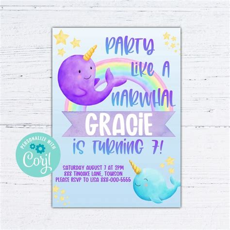 Narwhal Birthday Invitation Under The Sea Birthday Invite Editable