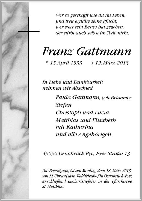 Traueranzeigen Von Franz Gattmann Noz Trauerportal