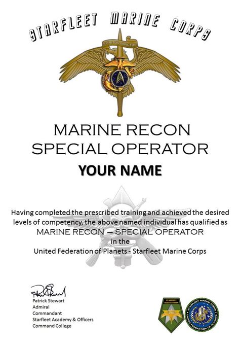 Certificate Marine Recon Special Operator Course Star Trek Uniforms