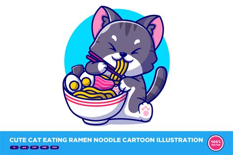 Cute Cat Eating Ramen Noodle Cartoon Graphic By Catalyststuff