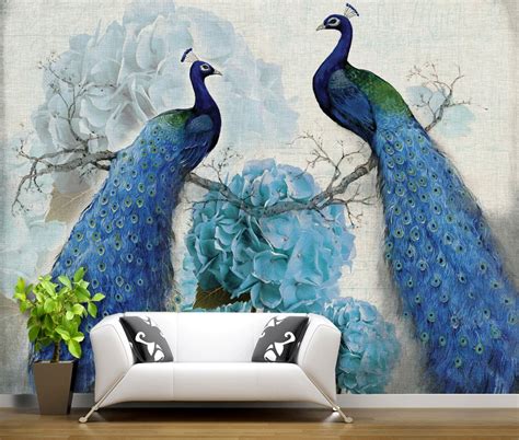 Blue Flower Peacock WG899 Wallpaper Mural Self Adhesive Peel Etsy