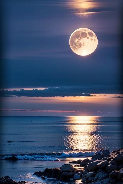 Luna Llena Sobre El Mar De Noche Foto Premium