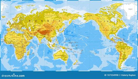 World Map Physical - Asia in Center - China, Korea, Japan Stock ...