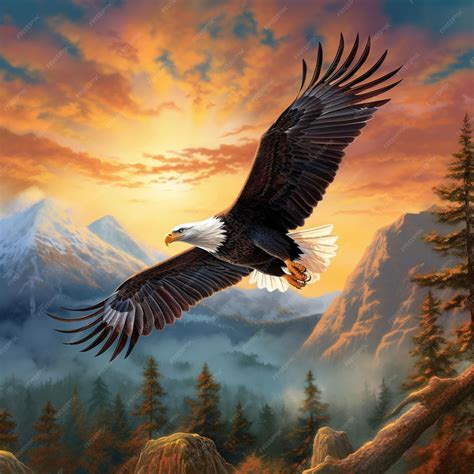 Premium Photo | Painting of a bald eagle soaring over a mountain range