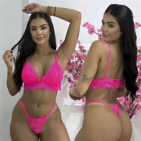 Lingerie Renda Sexy Neon Cropped Top Sem Bojo Calcinha Fio Parcelamento Sem Juros