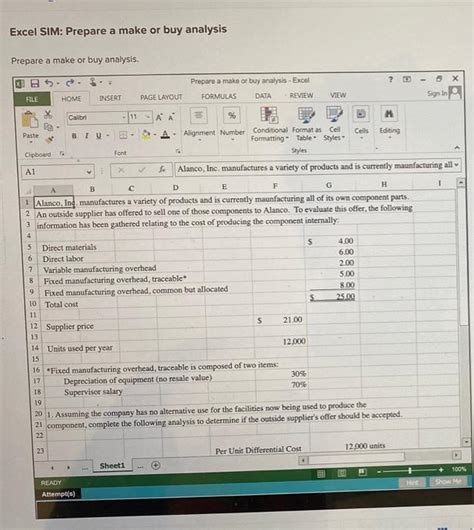 Solved Excel Sim Prepare A Make Or Buy Analysis Prepare A Chegg