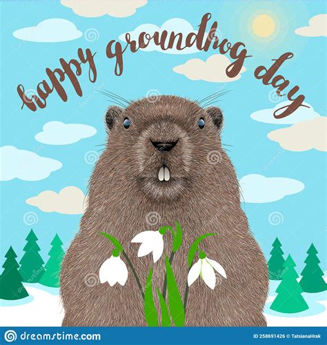 Happy Groundhog Day Vector Greeting Card With Cute Groundhog And Hand