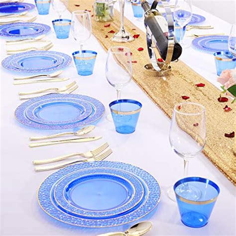 Nervure Pcs Clear Blue Plastic Plates Gold Plastic Silverware