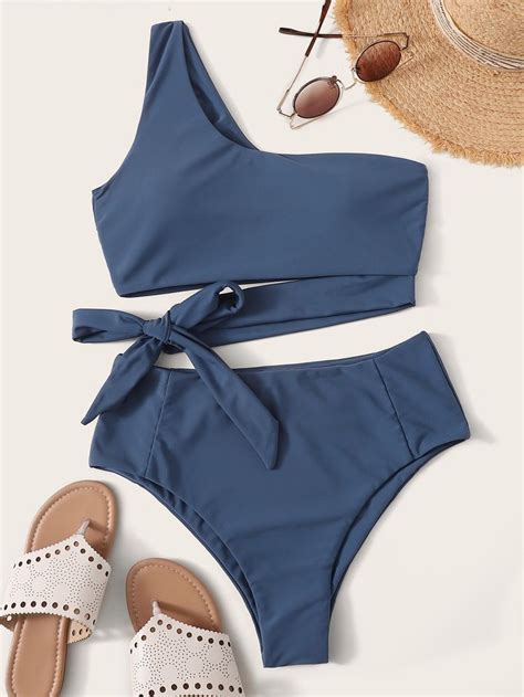 One Shoulder Top With High Waist Bikini Set SHEIN USA Trendy