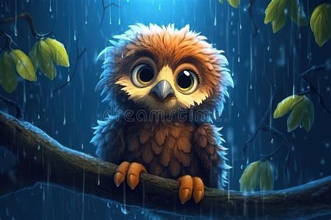 Un Adorable Y Adorable águila Bebé En Un árbol En Lluvia Por La Noche