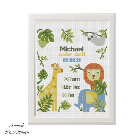 Jungle Birth Announcement Cross Stitch Pattern Set Baby Birth Etsy