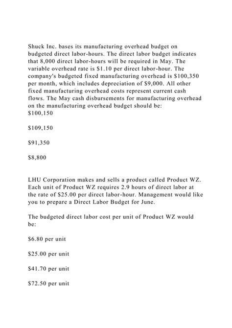 Shuck Inc Bases Its Manufacturing Overhead Budget On Budgeted Dir Docx