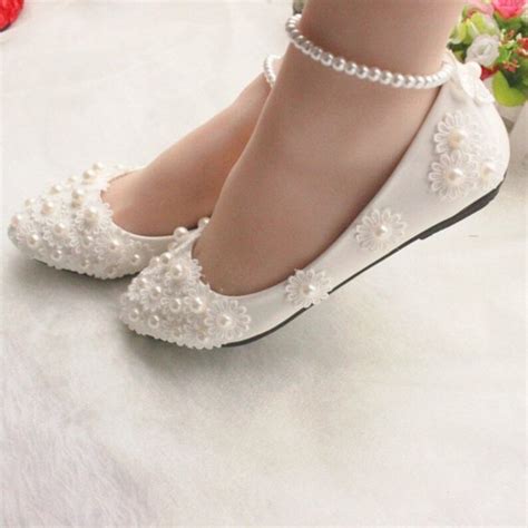 Elegant White Lace Wedding Shoes Pearls Ankle Strap Bridal Etsy