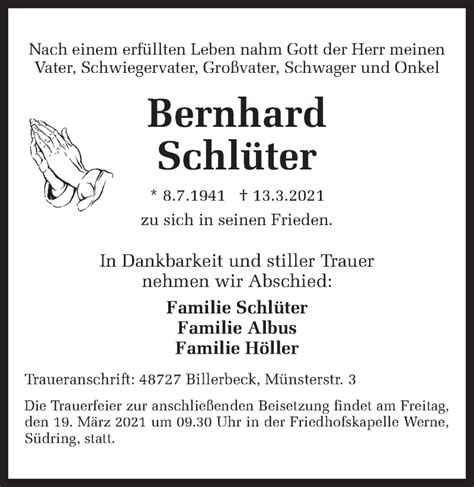 Traueranzeigen von Bernhard Schlüter sich erinnern de