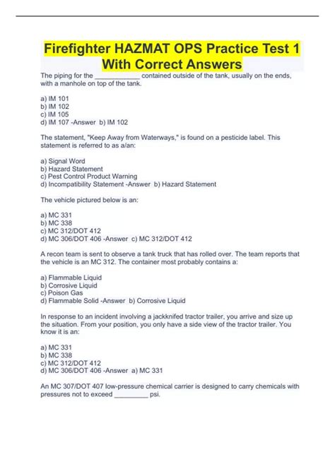 Firefighter Hazmat Ops Practice Test 1 With Correct Answers