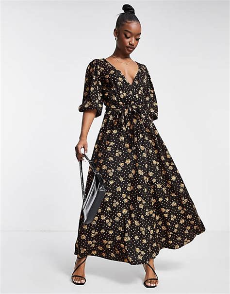 Asos Design Midi Wickelkleid Mit Blümchen Und Punktemuster Asos