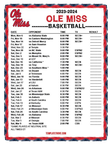 Printable 2023-2024 Ole Miss Rebels Basketball Schedule