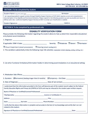 Fillable Online Disability Verification Form CSUF Fax Email Print