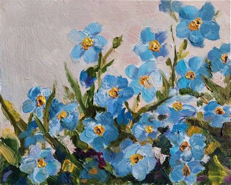 An Oil Painting Of Blue Flowers In A Vase