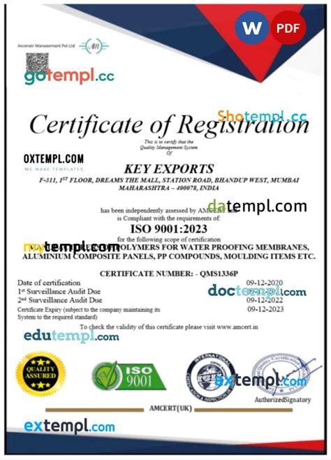 India Key Export certificate of registration Word and PDF template ...