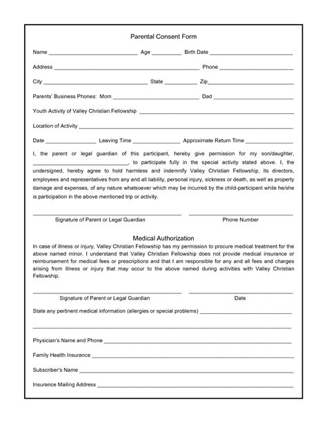 Parental Medical Consent Form Template Free Printable Documents