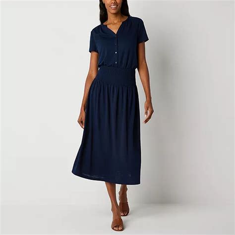 Liz Claiborne Short Sleeve Midi A Line Dress Color Signature Navy