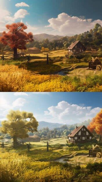 Premium Ai Image Two Screenshots Of A House In A Field With A