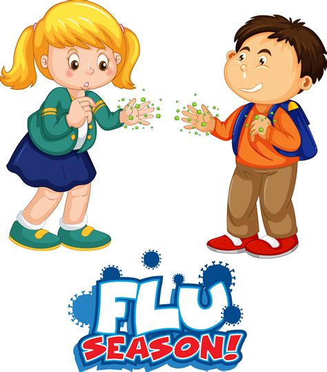 Flu Season font in cartoon style with two kids do not keep social ...