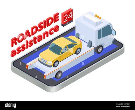 Road Assistance Concept Isometric Tow Truck Online Roadside Assistance Car Service Mobile App