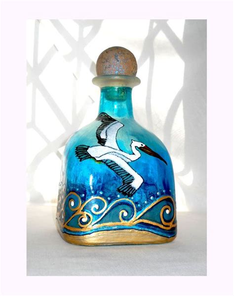 Pelican Glass Art Decanter Hand Painted Glass Patron Bottle Hand