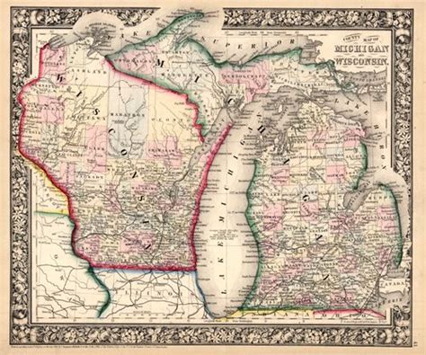 County Map of Michigan and Wisconsin - Art Source International