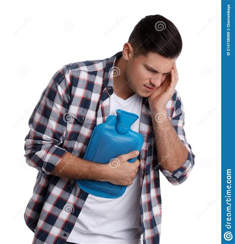 Man Using Hot Water Bottle To Relieve Chest Pain On White Background Stock Photo Image Of