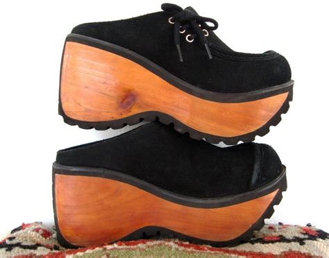 90s Platform Clogs Chunky Suede Black Leather Wooden Sole Soda Size 7