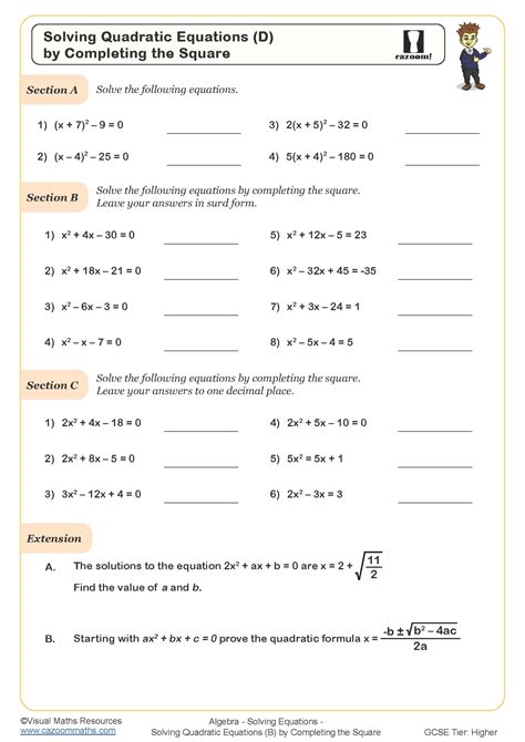 Solving Quadratic Equations (D) (by Completing the Square) Worksheet ...