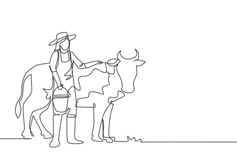 Desenho De Linha Nica De Uma Jovem Agricultora Esfregando A Vaca