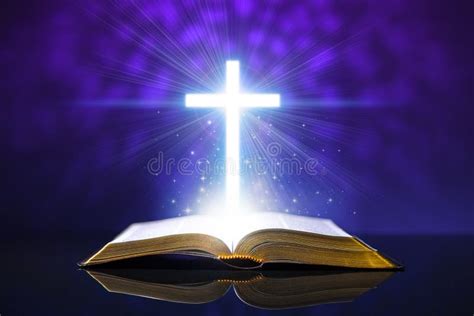 Open Bible on a Glass Desk with a Glowing Cross Stock Photo - Image of ...