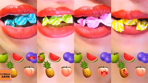 Asmr Eating 🌈 Rainbow Fruits Striped Candy 🍏🍉🫐🍍🍑 Emoji Food Challenge