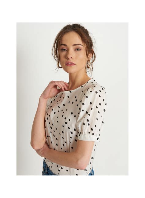 Top Chemise Femme Boutonn E Dos Imprim E Pois Noir Et Blanc