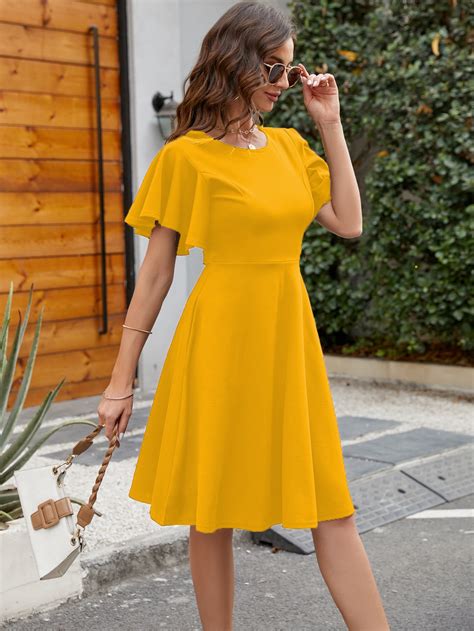 Solid Butterfly Sleeve A Line Dress SHEIN UK