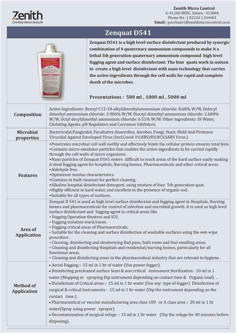 Zenquat D541 Quaternary Ammonium Compound Disinfectant 1000 Ml For Surface And Air Disinfectant