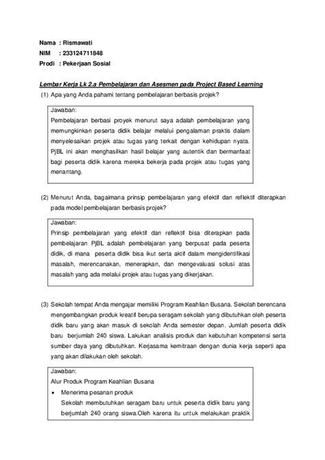 Pdf T2 Lembar Kerja Lk 2 A Pembelajaran Dan Asesmen Pada Project Based Learning