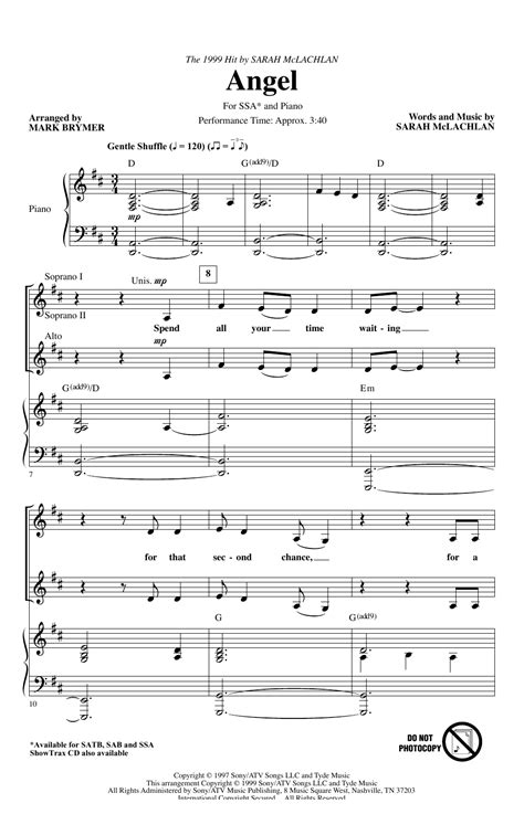 Angel Arr Mark Brymer By Sarah Mclachlan Sheet Music For Ssa Choir At Sheet Music Direct