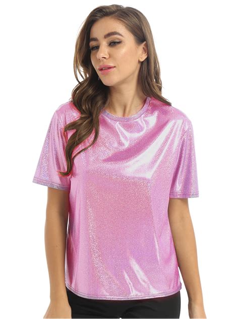 Dpois Women S Shiny Tops Holographic Metallic Shirt Shimmer Glitter