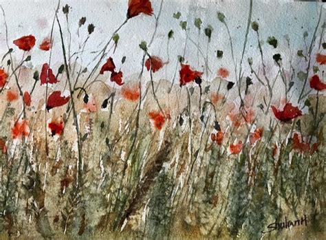 Original Watercolor Painting, Poppy Field Landscape, Handmade, Hand ...