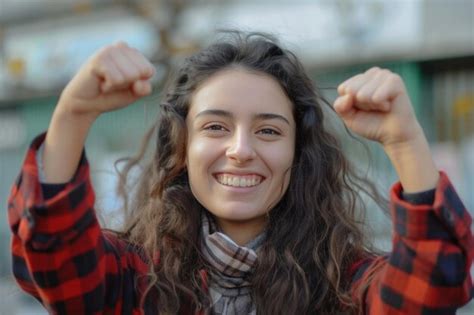 Cheerful Attractive Brunette Girl Fist Pump And Smiling With Rejoice Winning Premium AI